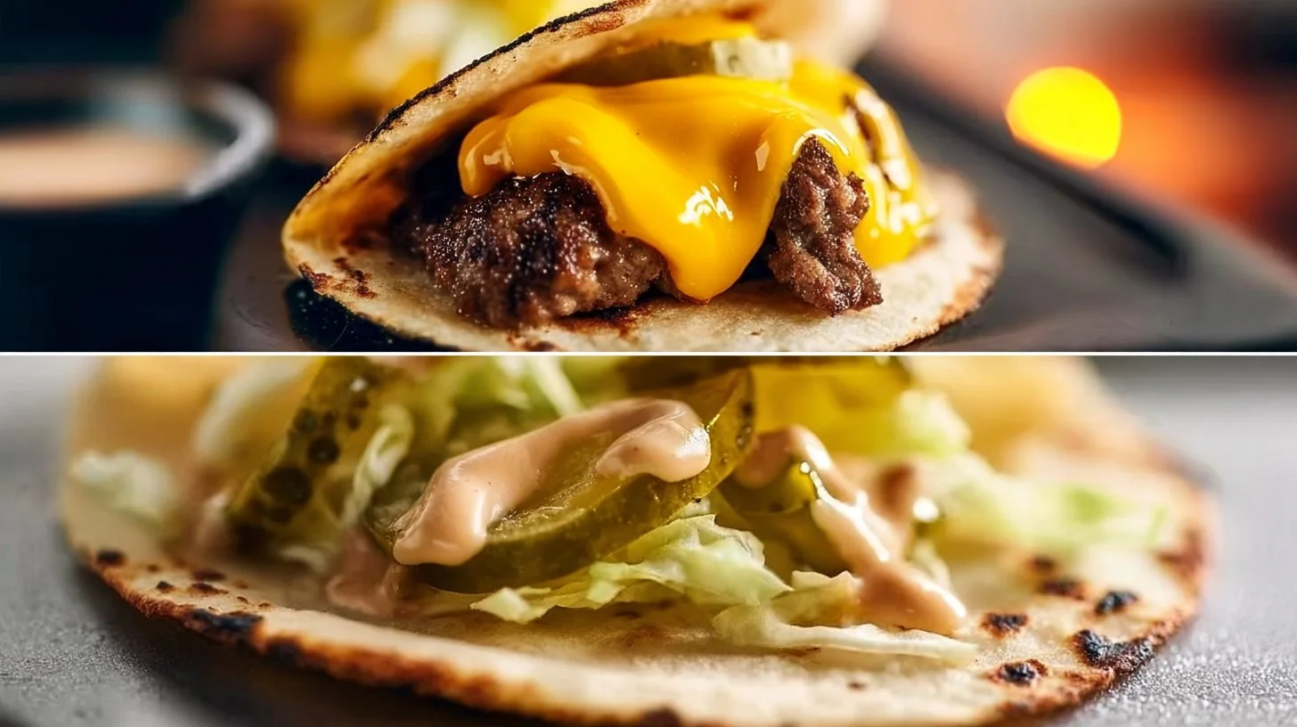 Smash Burger Tacos 2 Delicious homemade smash burger tacos garnished with fresh ingredients