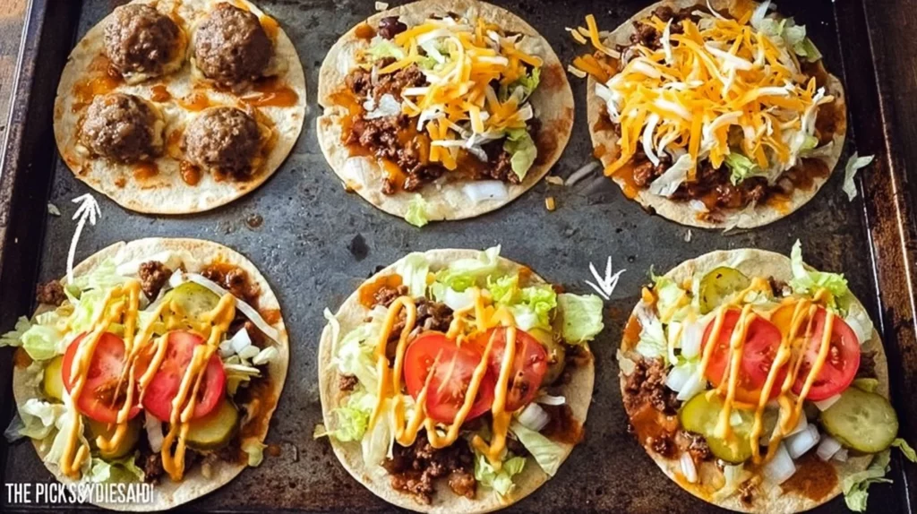 Delicious Smashed Cheeseburger Tacos with toppings and sauces