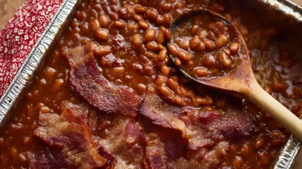 Delicious smoked baked beans with crispy bacon topping in a bowl.