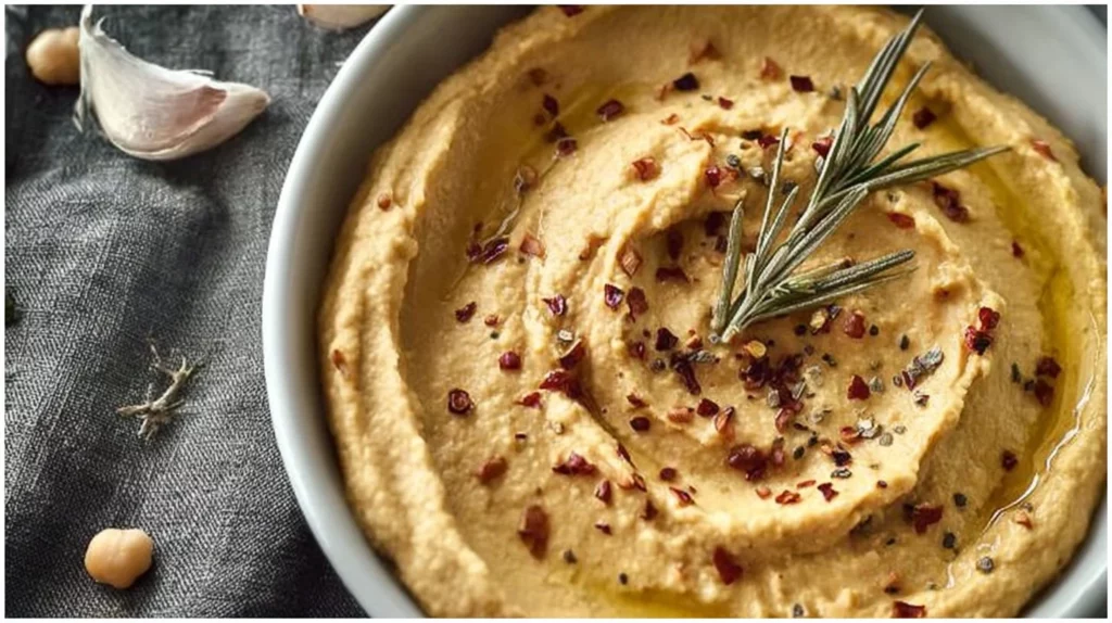 Bowl of smoky rosemary hummus garnished with fresh rosemary sprigs