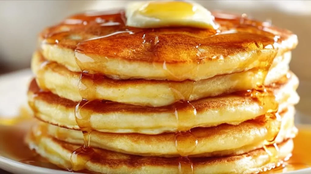 Fluffy buttermilk pancakes stacked on a plate with syrup and berries