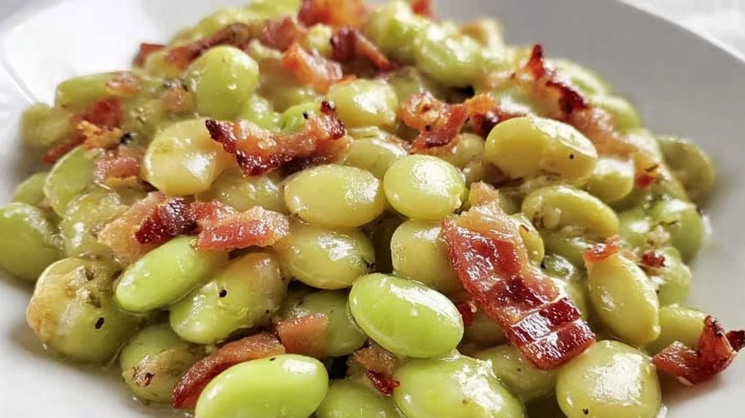 Southern Butter Beans with Bacon 2 Southern butter beans cooked with bacon in a rustic dish