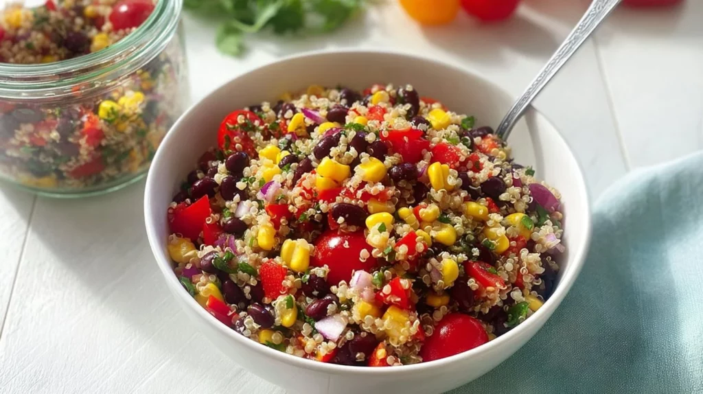 Bowl of Southwest quinoa salad with fresh vegetables and beans