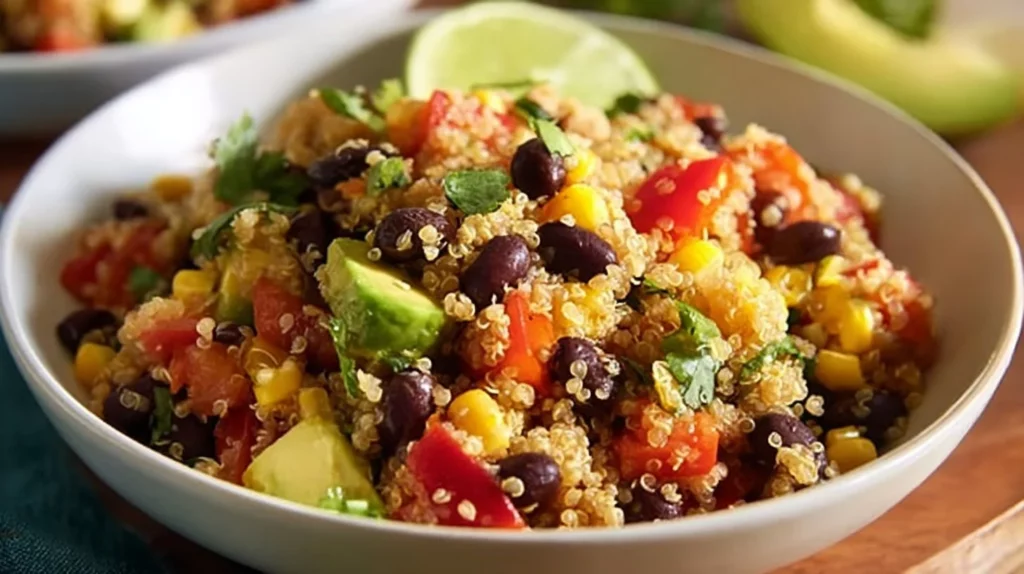 Bowl of colorful Southwestern Quinoa Salad with beans and vegetables