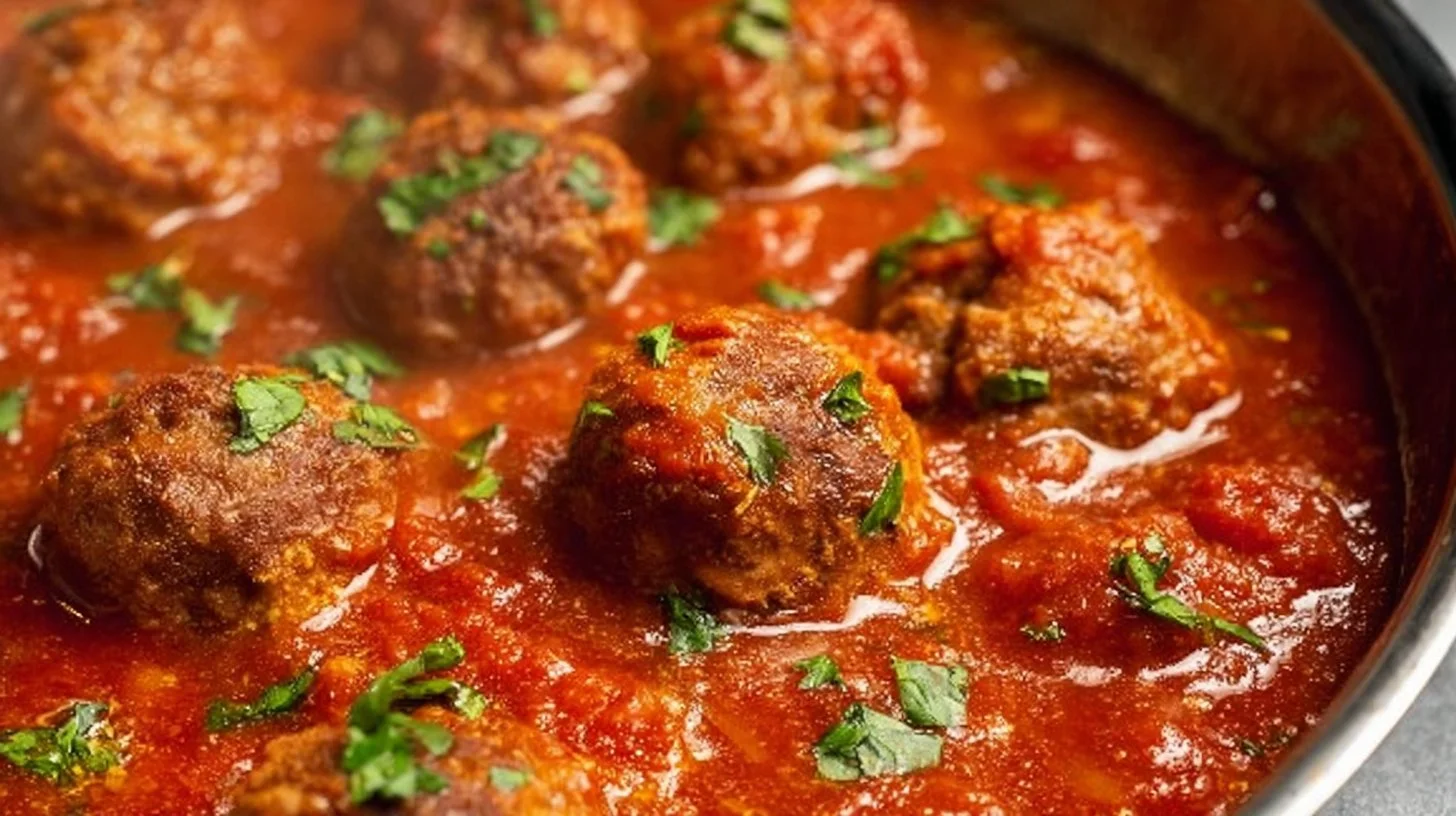 A plate of spaghetti and meatballs topped with fresh herbs and parmesan cheese