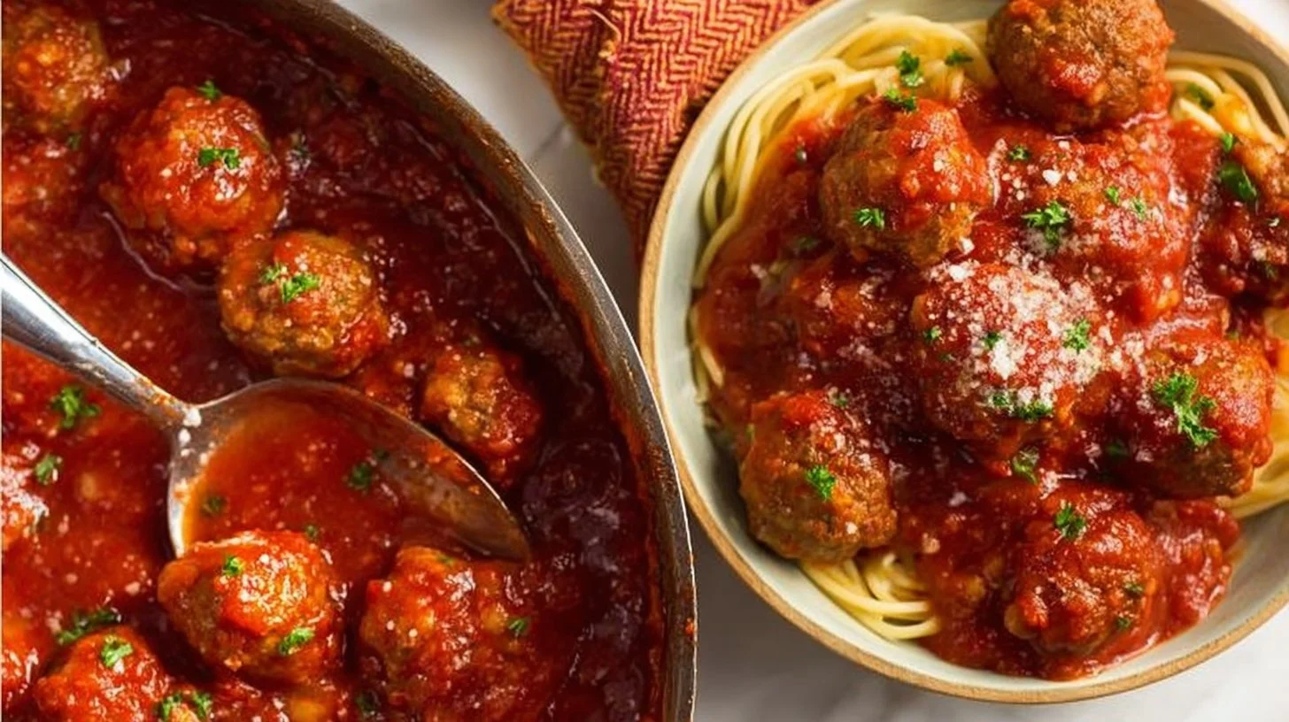 A plate of spaghetti and meatballs garnished with parsley and grated cheese