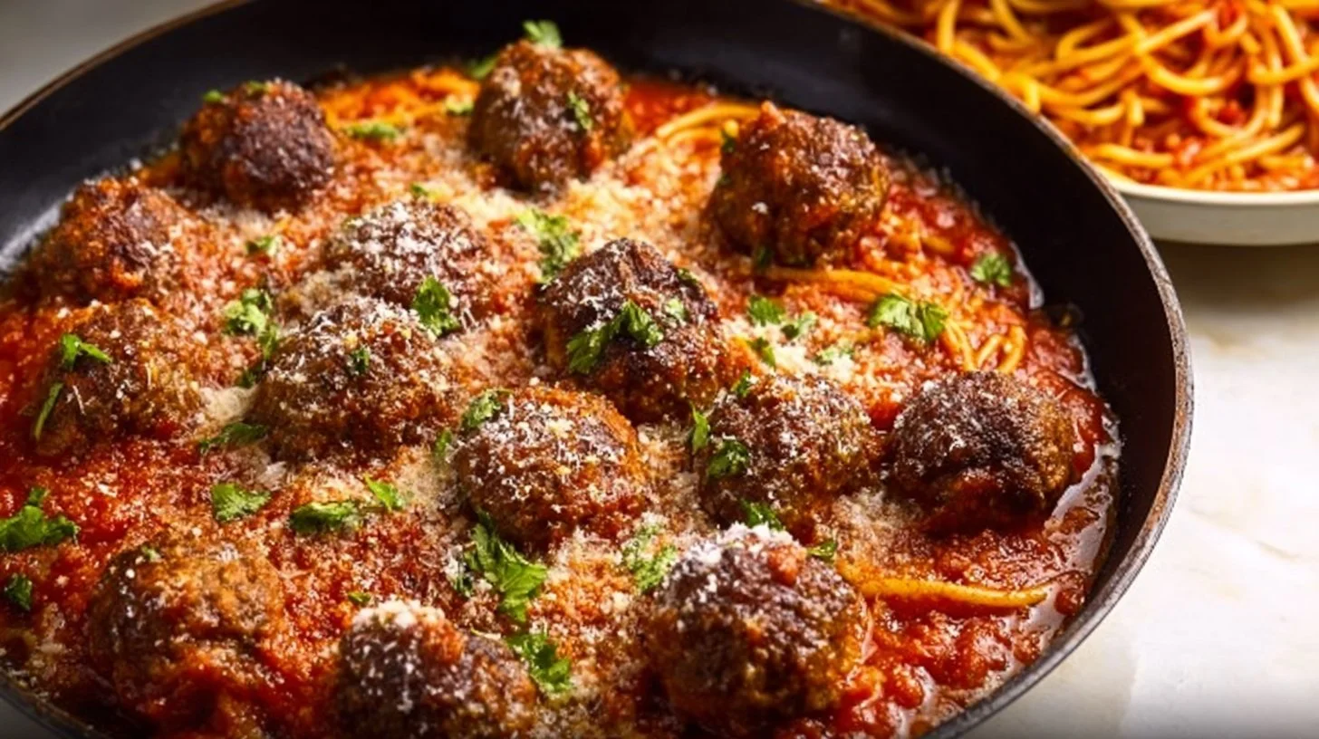 A delicious plate of spaghetti and meatballs topped with marinara sauce.