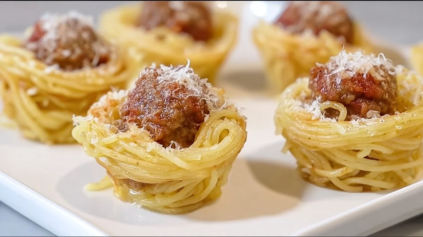 Spaghetti meatball cups served on a plate