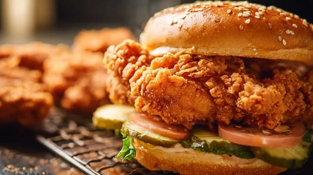 Delicious spicy buttermilk fried chicken sandwich with crispy texture and toppings