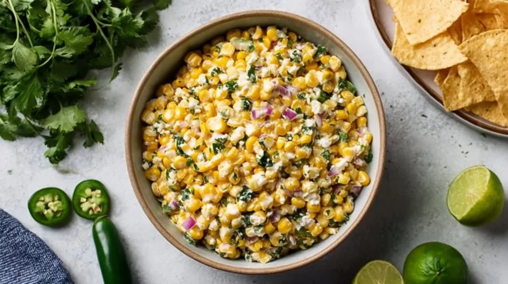 Spicy Mexican Street Corn Salad with corn, cheese, and spices in a bowl