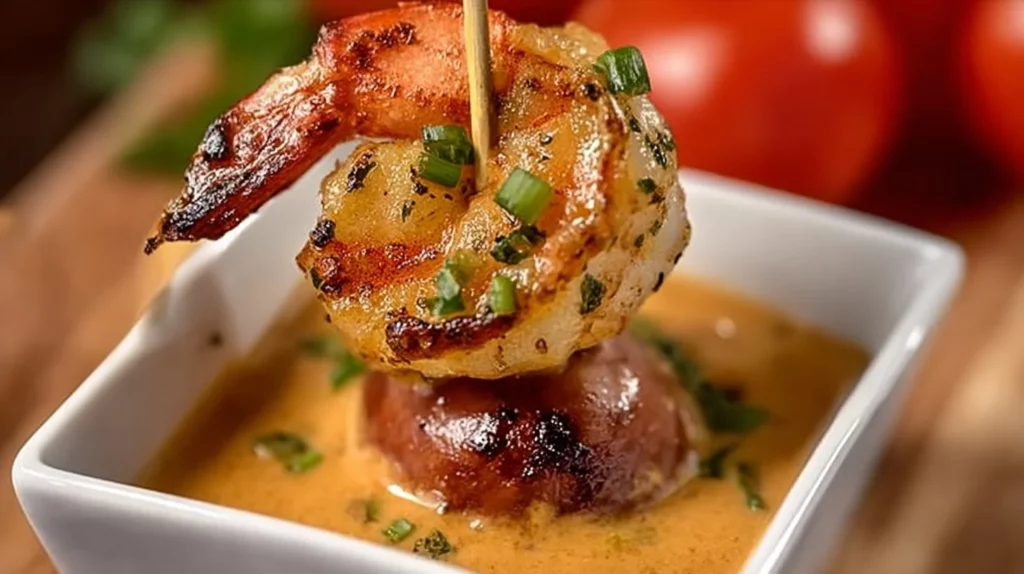 Spicy shrimp and sausage skewers on a grill, ready to be served.