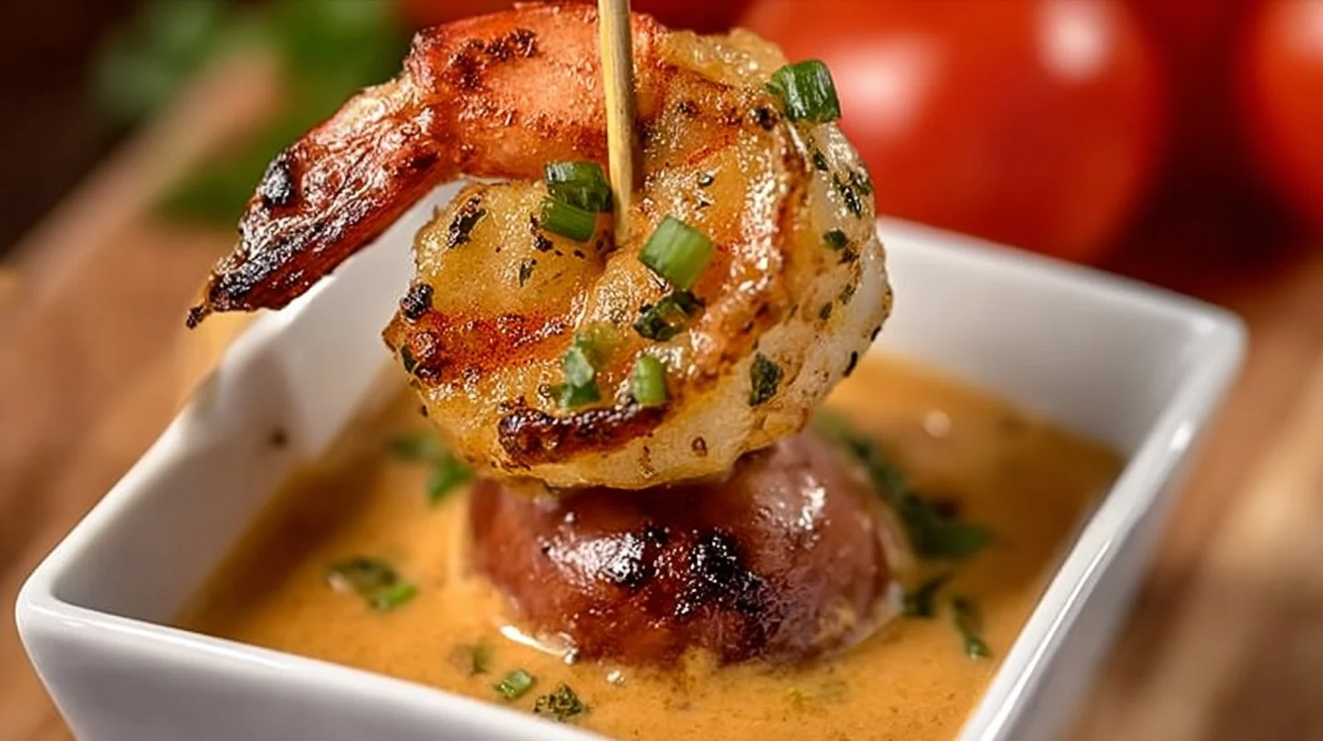 Spicy shrimp and sausage skewers on a grill, ready to be served.