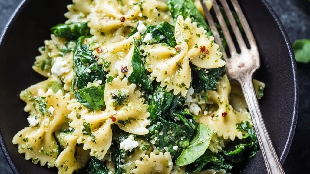 Spinach and Gorgonzola Bowtie Pasta Salad in a serving bowl