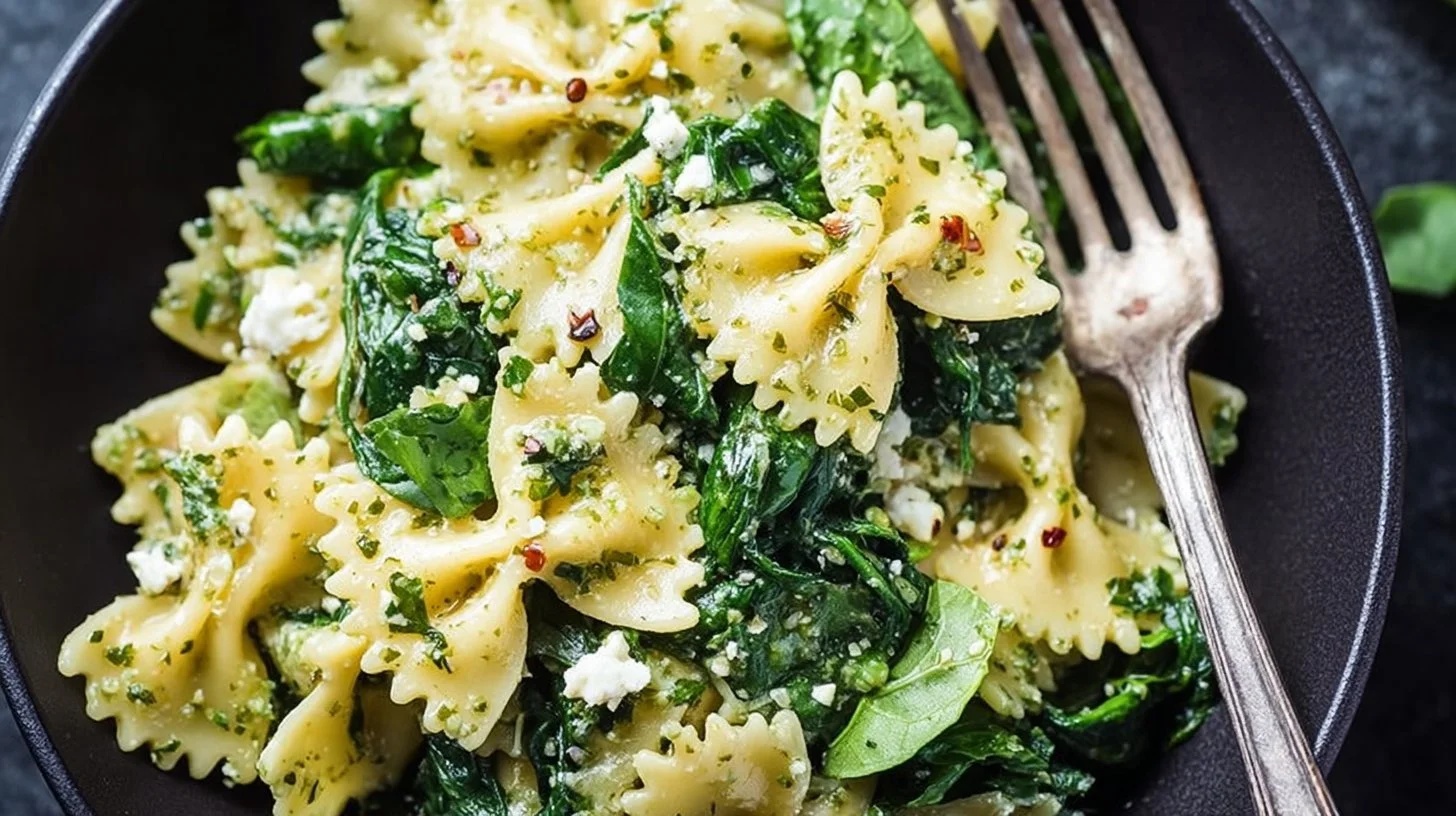 Spinach and Gorgonzola Bowtie Pasta Salad in a serving bowl
