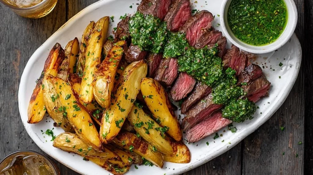 Delicious Steak and Fries plated with herbs and seasoning