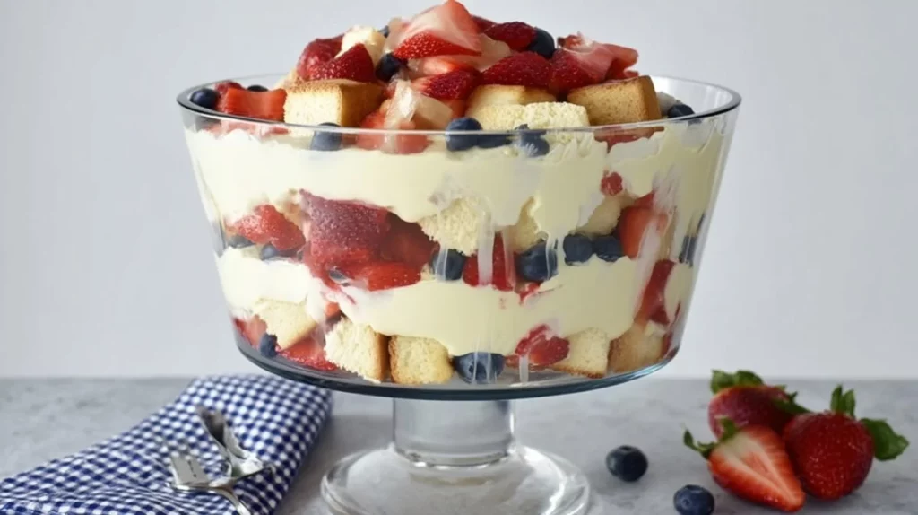 Delicious Strawberry Blueberry Trifle layered with cream and fruits