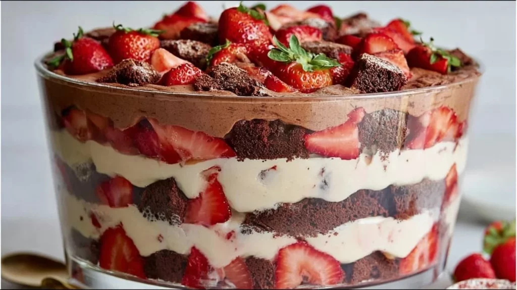 Delicious strawberry brownie trifle layered with chocolate and strawberries