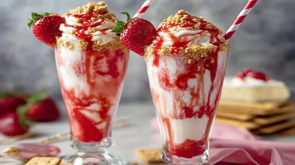 Delicious Strawberry Cheesecake Milkshake topped with whipped cream and strawberries.