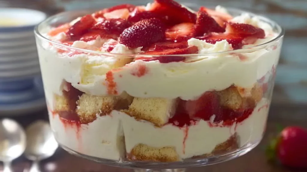 Delicious strawberry cheesecake trifle with fresh strawberries and cookie layers