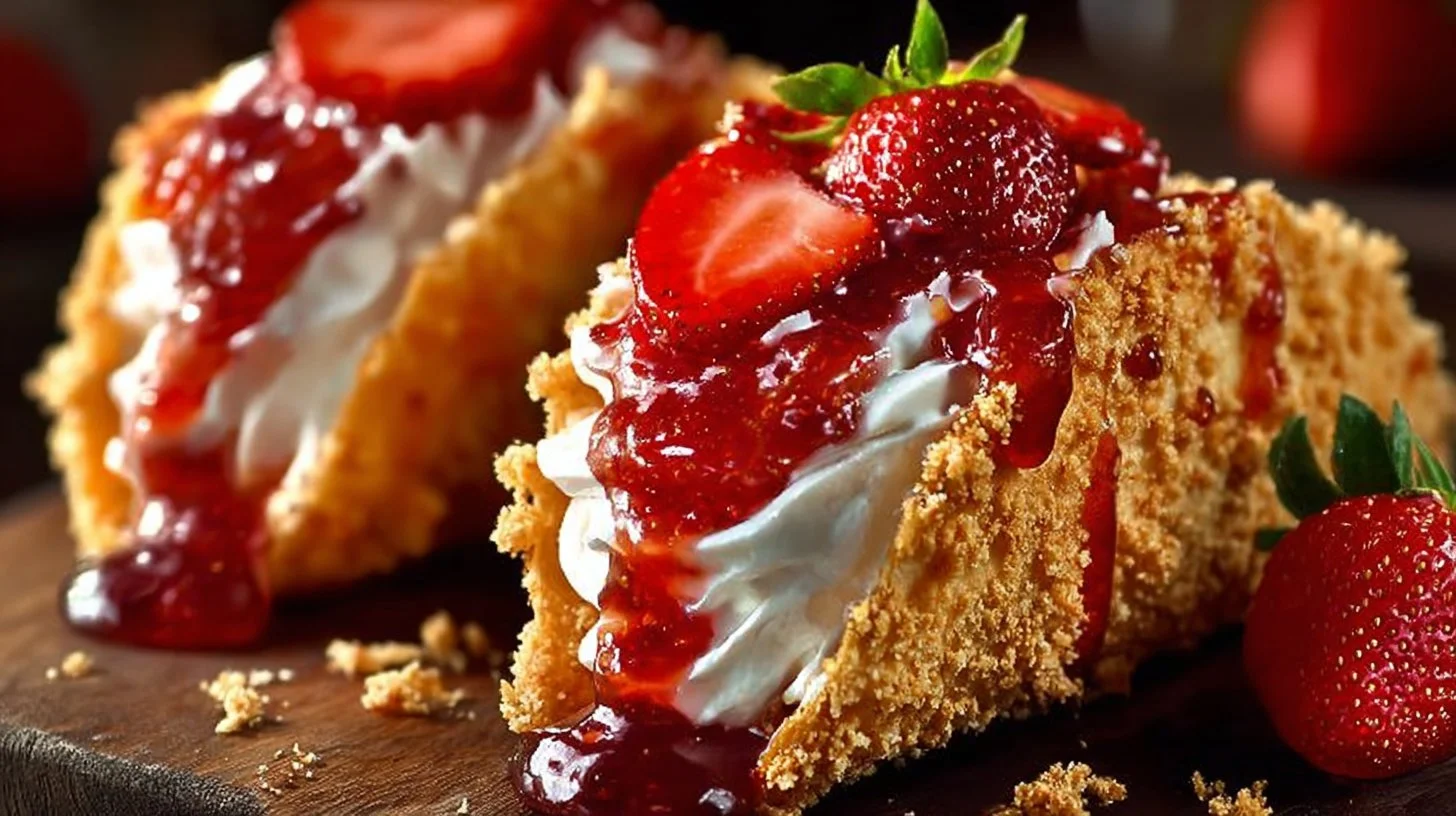 Strawberry Crunch Cheesecake Tacos dessert featuring a crunchy topping