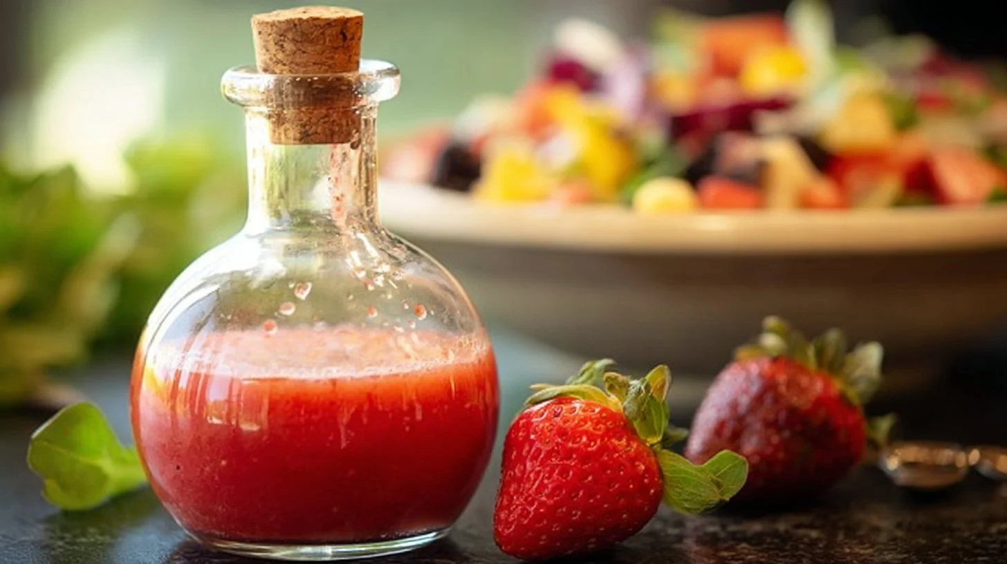 Homemade strawberry vinaigrette drizzled over a fresh salad
