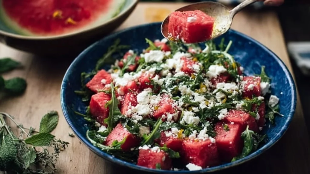 Fresh summer watermelon salad with mint and feta cheese