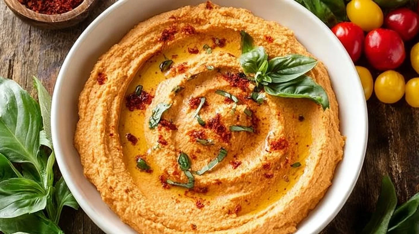 Sun Dried Tomato Hummus 2 Delicious bowl of sun dried tomato hummus garnished with herbs and served with pita.