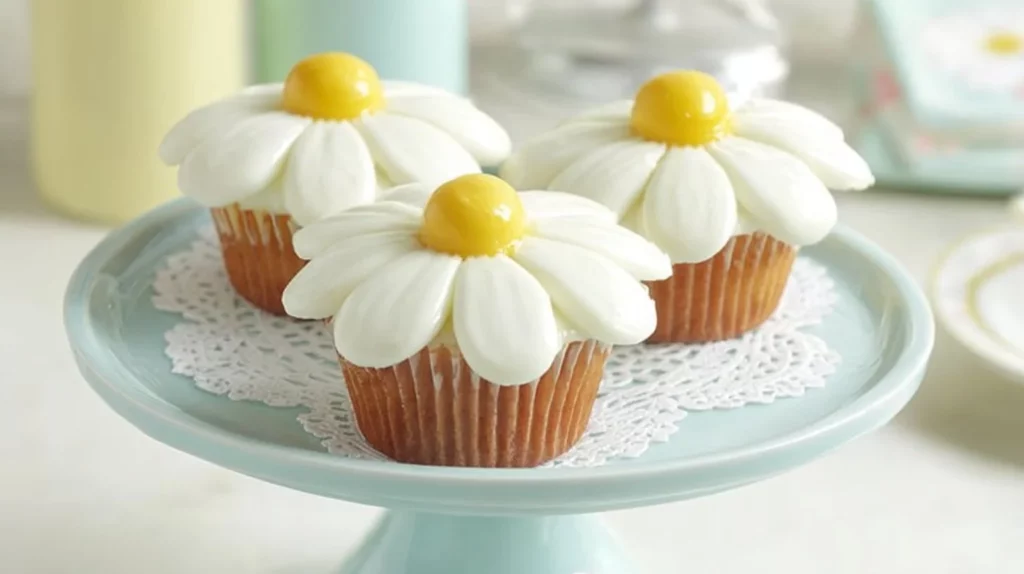 Super cute daisy cupcakes decorated with edible flowers