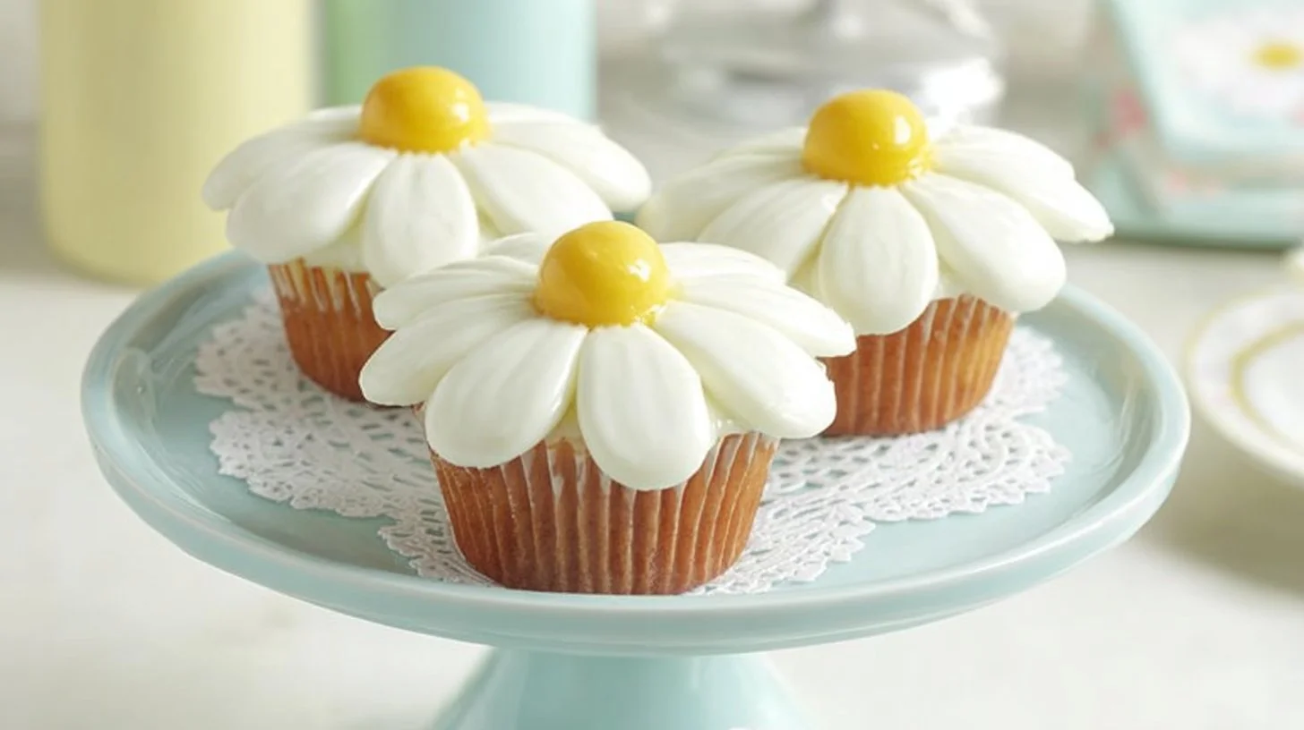 Super cute daisy cupcakes decorated with edible flowers