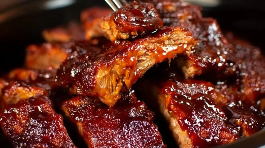 Super easy slow cooker ribs with BBQ sauce and spices in a cozy kitchen setting.