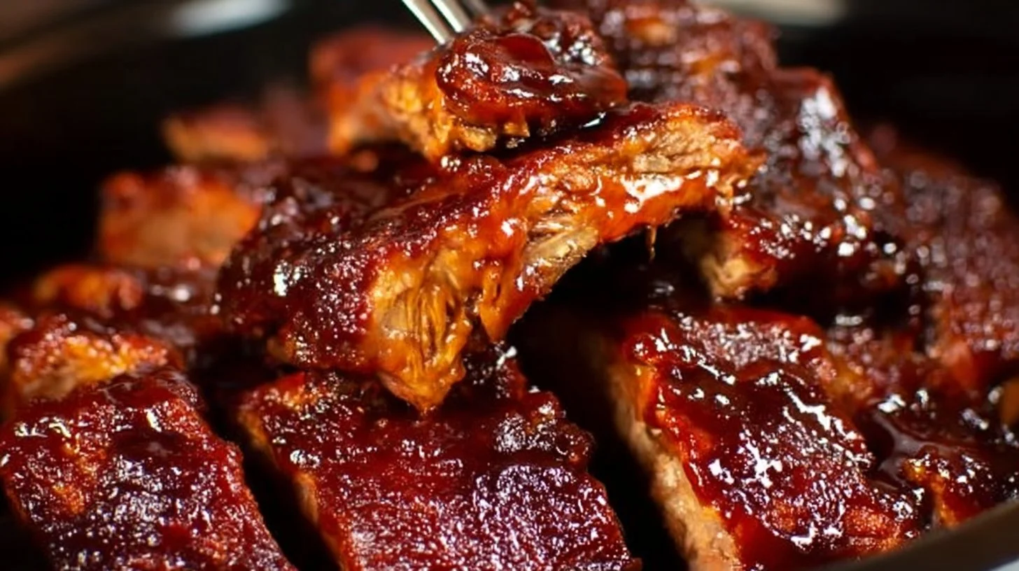 Super easy slow cooker ribs with BBQ sauce and spices in a cozy kitchen setting.