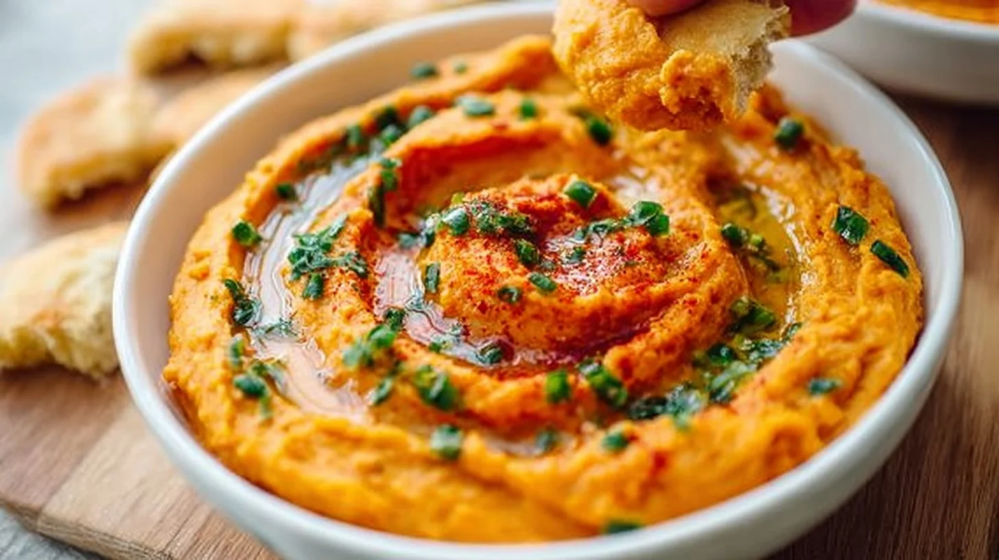 Bowl of creamy sweet potato hummus with colorful veggies for dipping