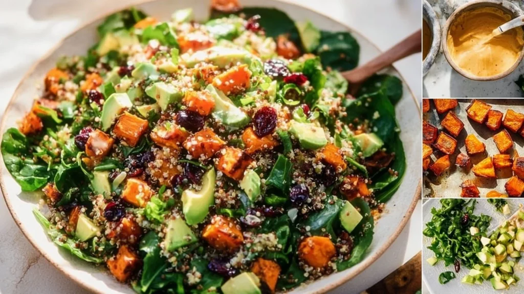 Colorful sweet potato quinoa salad with fresh vegetables and herbs