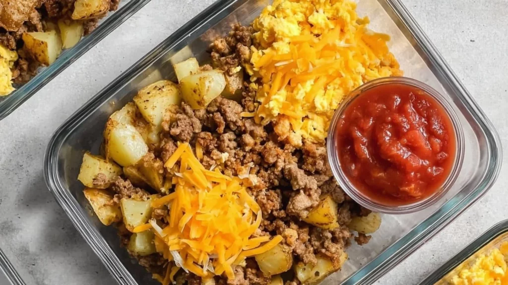 Tex Mex Turkey Scramble meal prep with eggs, turkey, and spices in a bowl.