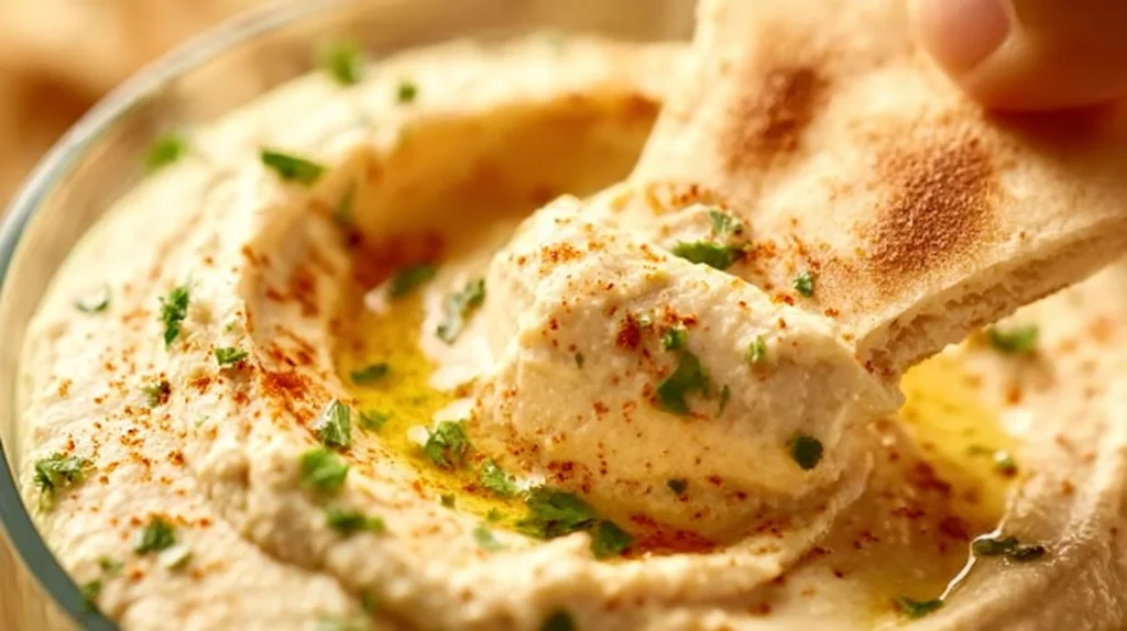 Bowl of creamy hummus topped with olive oil and paprika