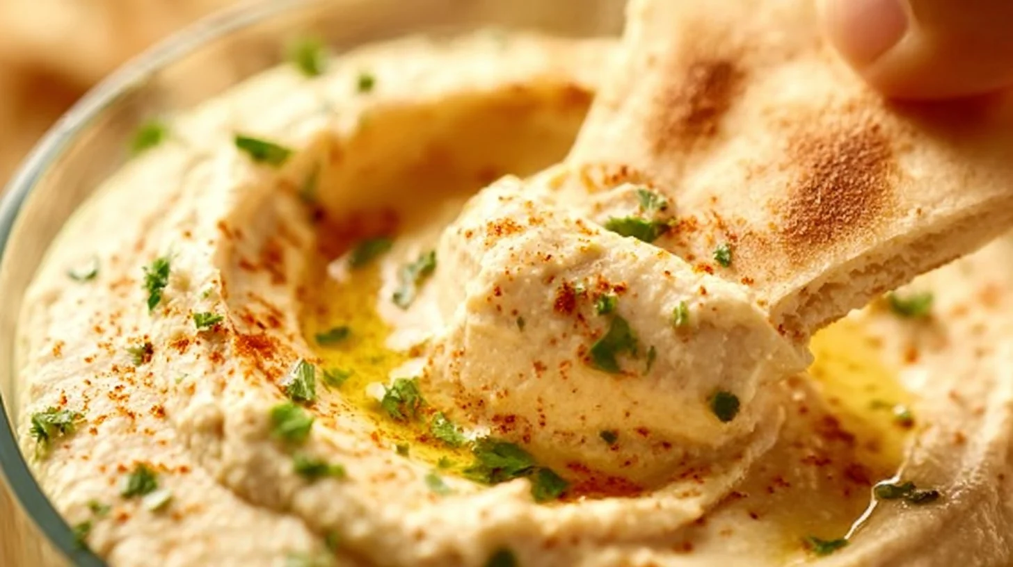 Bowl of creamy hummus topped with olive oil and paprika