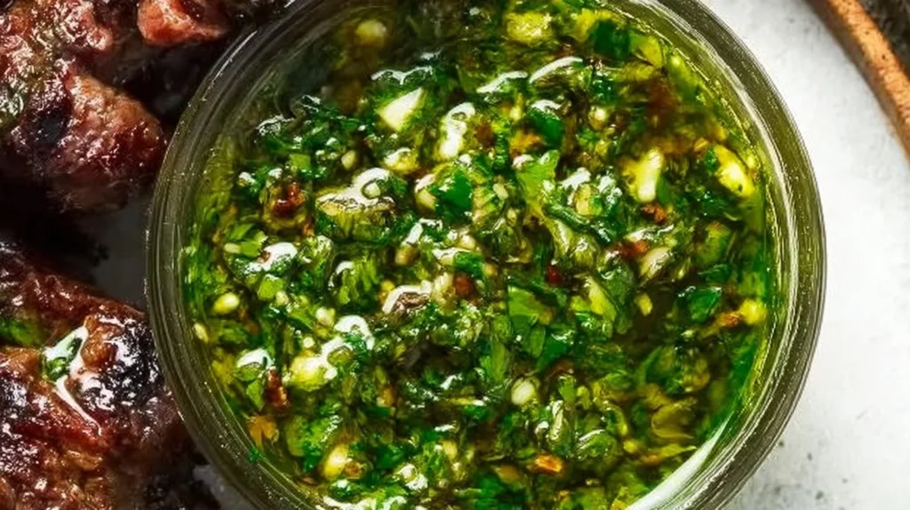 Fresh chimichurri sauce in a bowl, ideal for grilling and enhancing flavors.