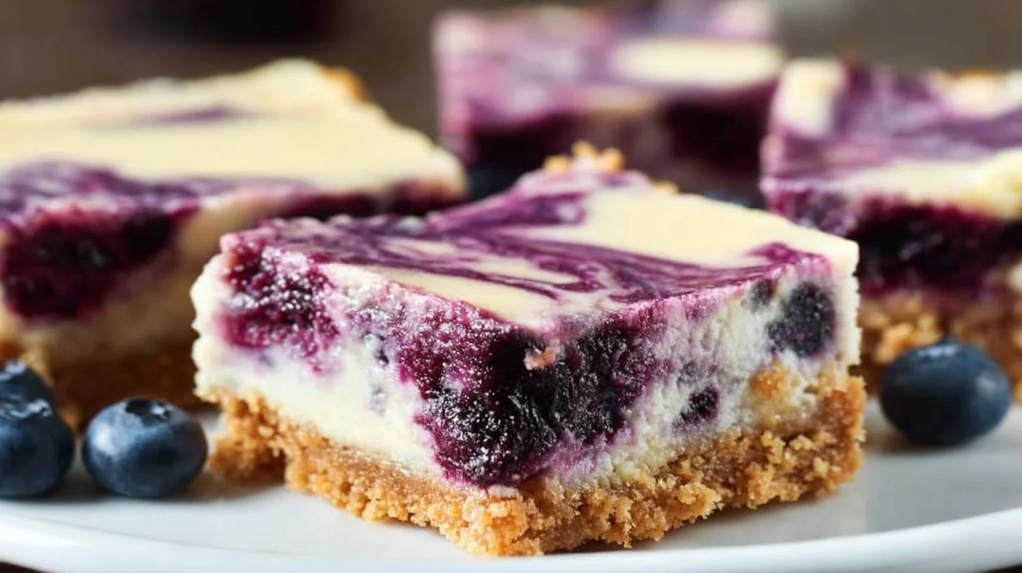The Best Blueberry Swirl Cheesecake Bars 2 Delicious blueberry swirl cheesecake bars topped with fresh blueberries