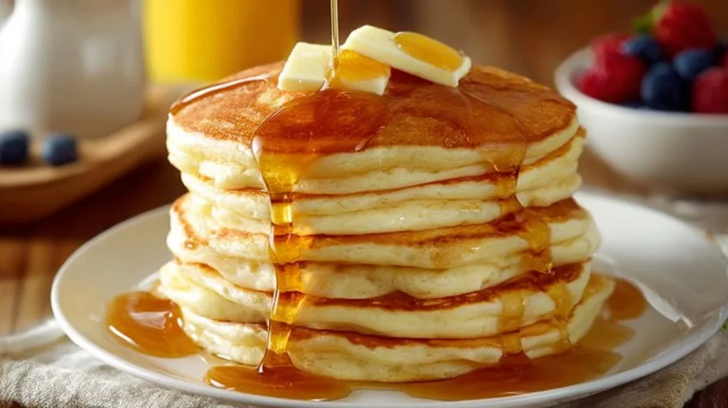 Delicious stack of fluffy buttermilk pancakes topped with syrup and berries