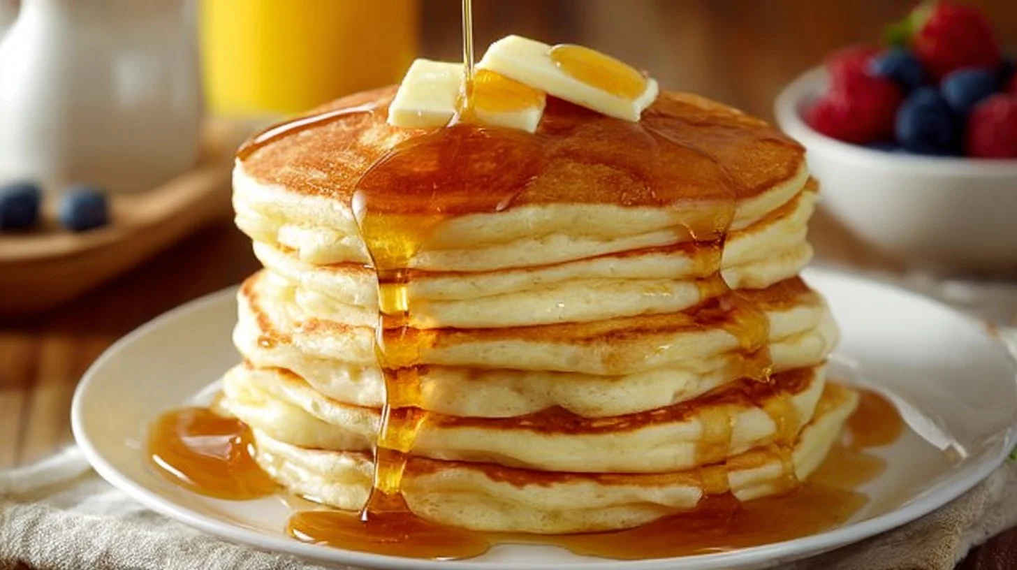 Delicious stack of fluffy buttermilk pancakes topped with syrup and berries