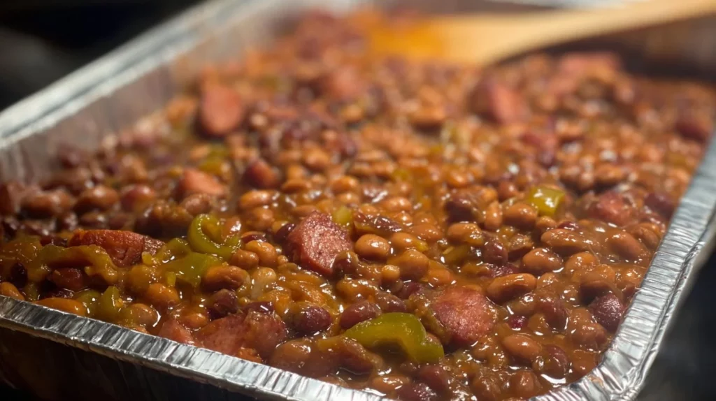 Delicious cowboy baked beans served in a rustic bowl