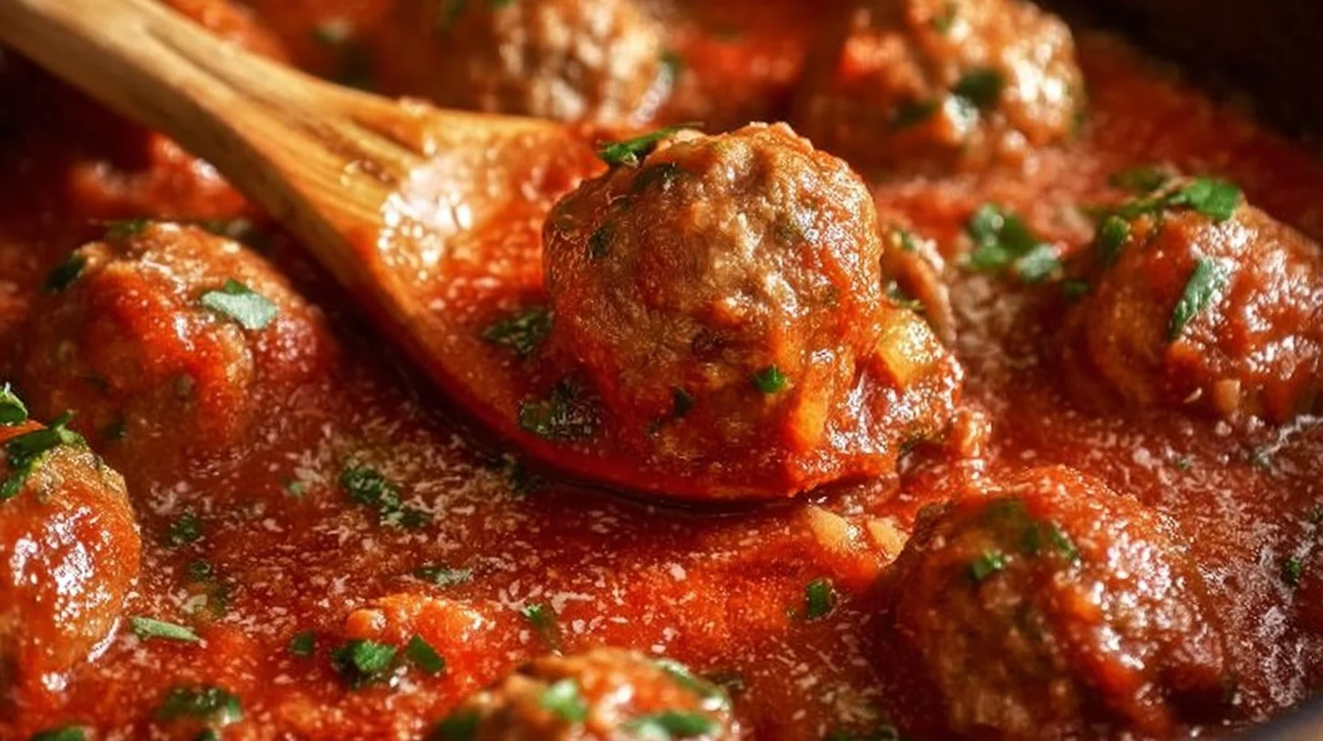 Delicious Italian meatballs served with marinara sauce and spaghetti
