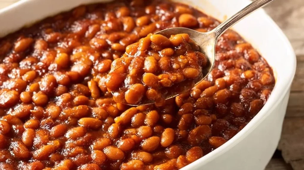 Delicious bowl of vegan baked beans topped with herbs and spices