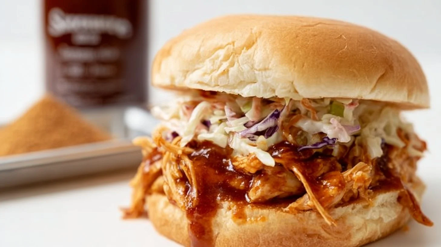 Delicious shredded BBQ chicken served on a plate with sides