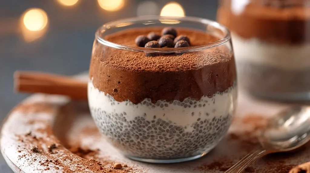 Tiramisu chia pudding topped with Greek yogurt and cocoa powder