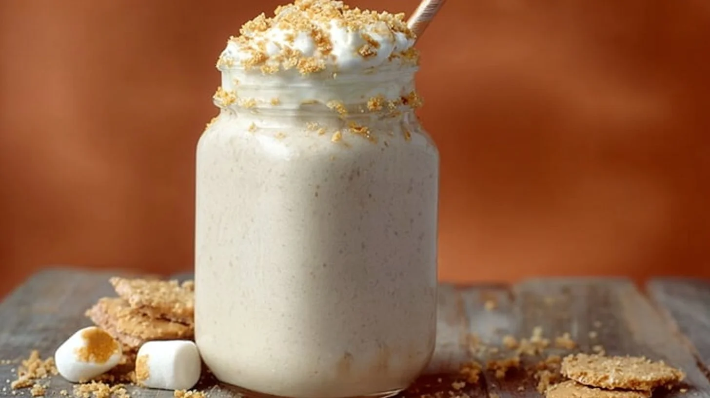 Delicious toasted marshmallow milkshake topped with whipped cream and chocolate drizzle