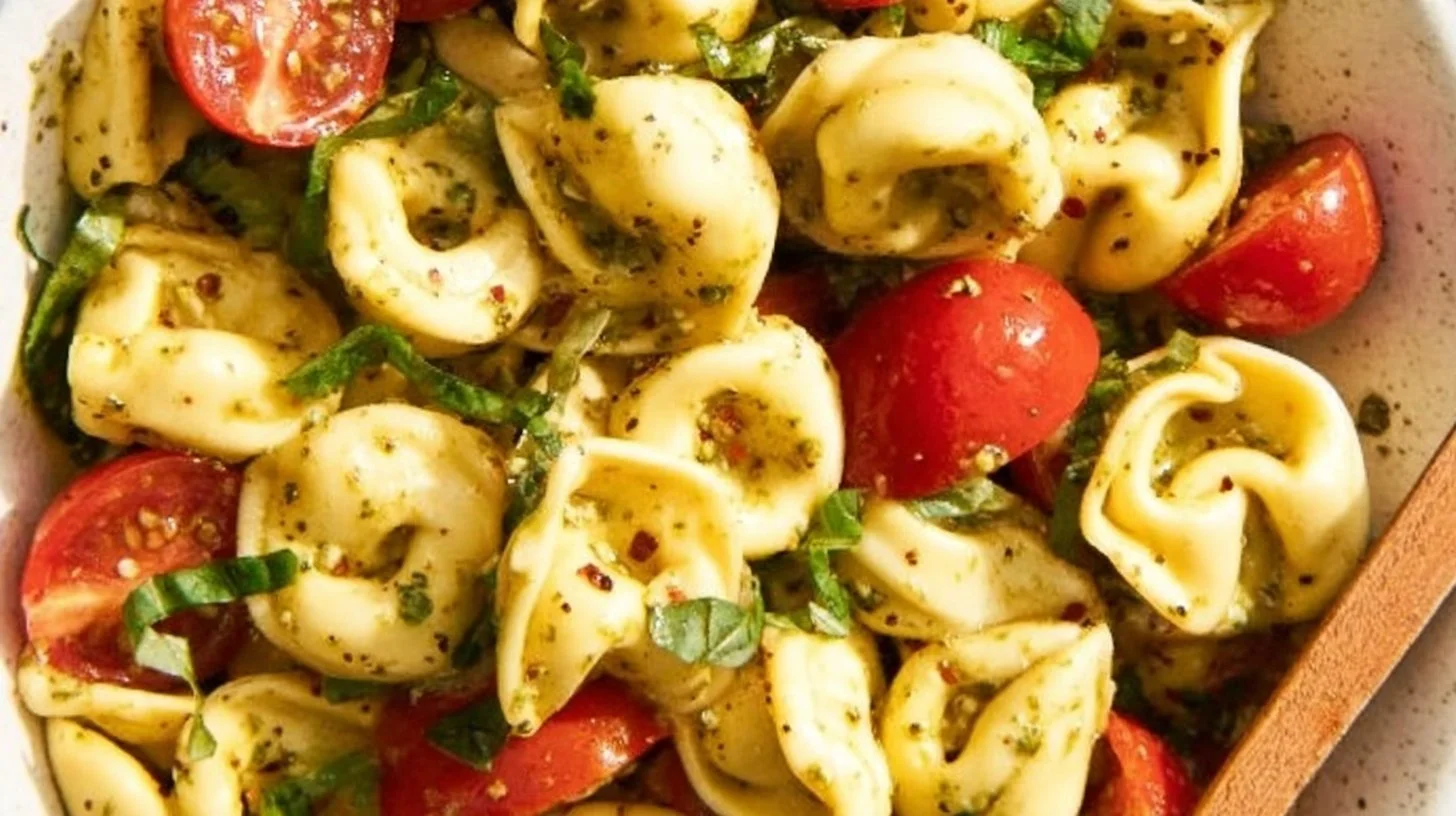 Colorful tortellini salad with vegetables and dressing in a bowl