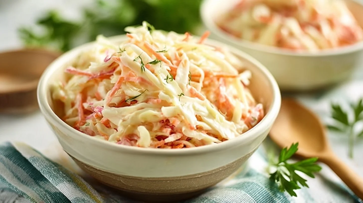 Bowl of traditional creamy coleslaw with fresh vegetables and dressing.