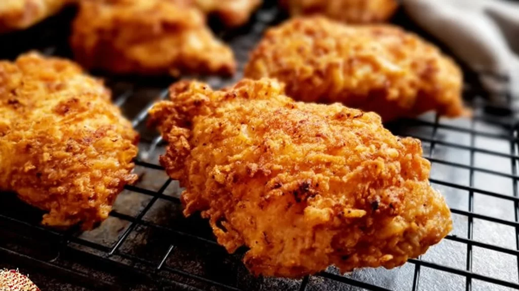 Crusty traditional Southern fried chicken served on a rustic platter.