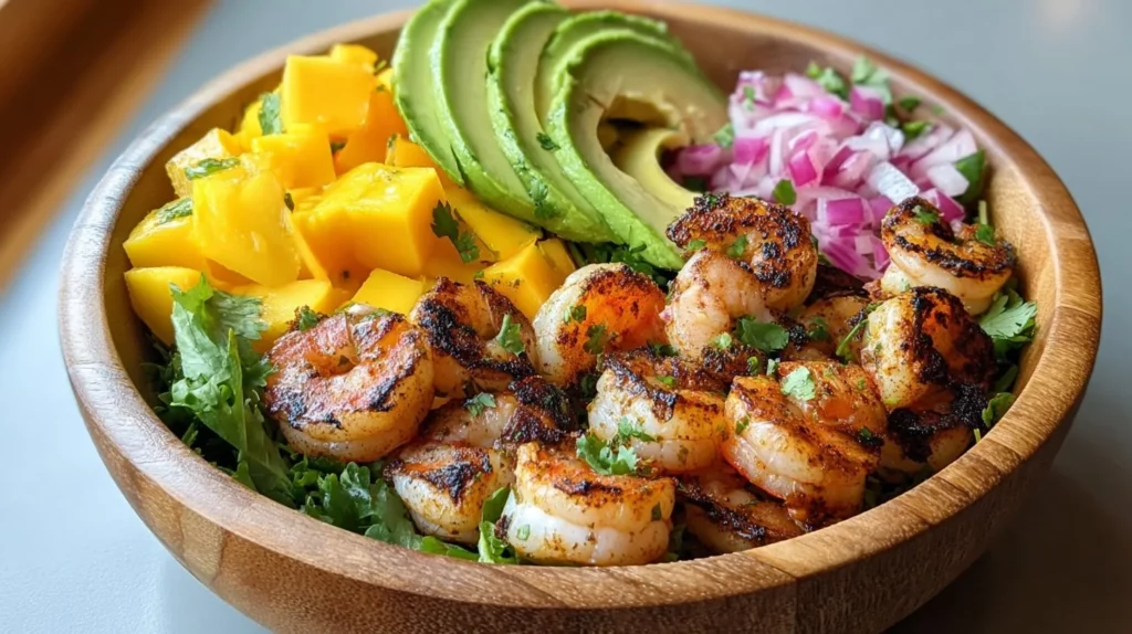 Colorful tropical mango shrimp salad with fresh veggies and lime dressing